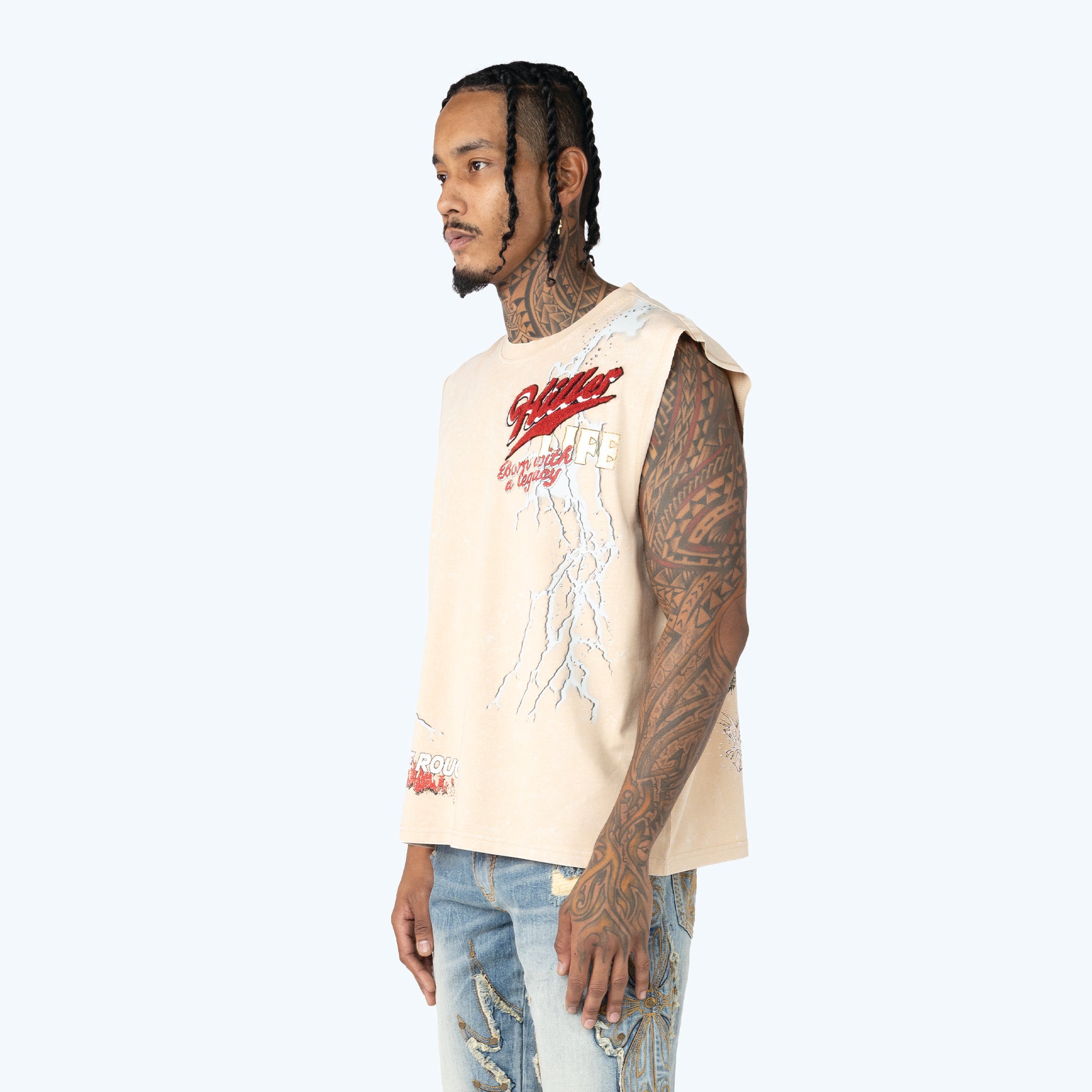 Dropped Shoulder Dystopia Rhinestone Killer Life Muscle T-Shirt