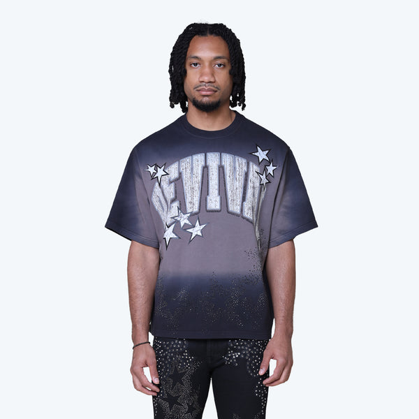 Wide Cropped Revival Rhinestone T-Shirt - Black