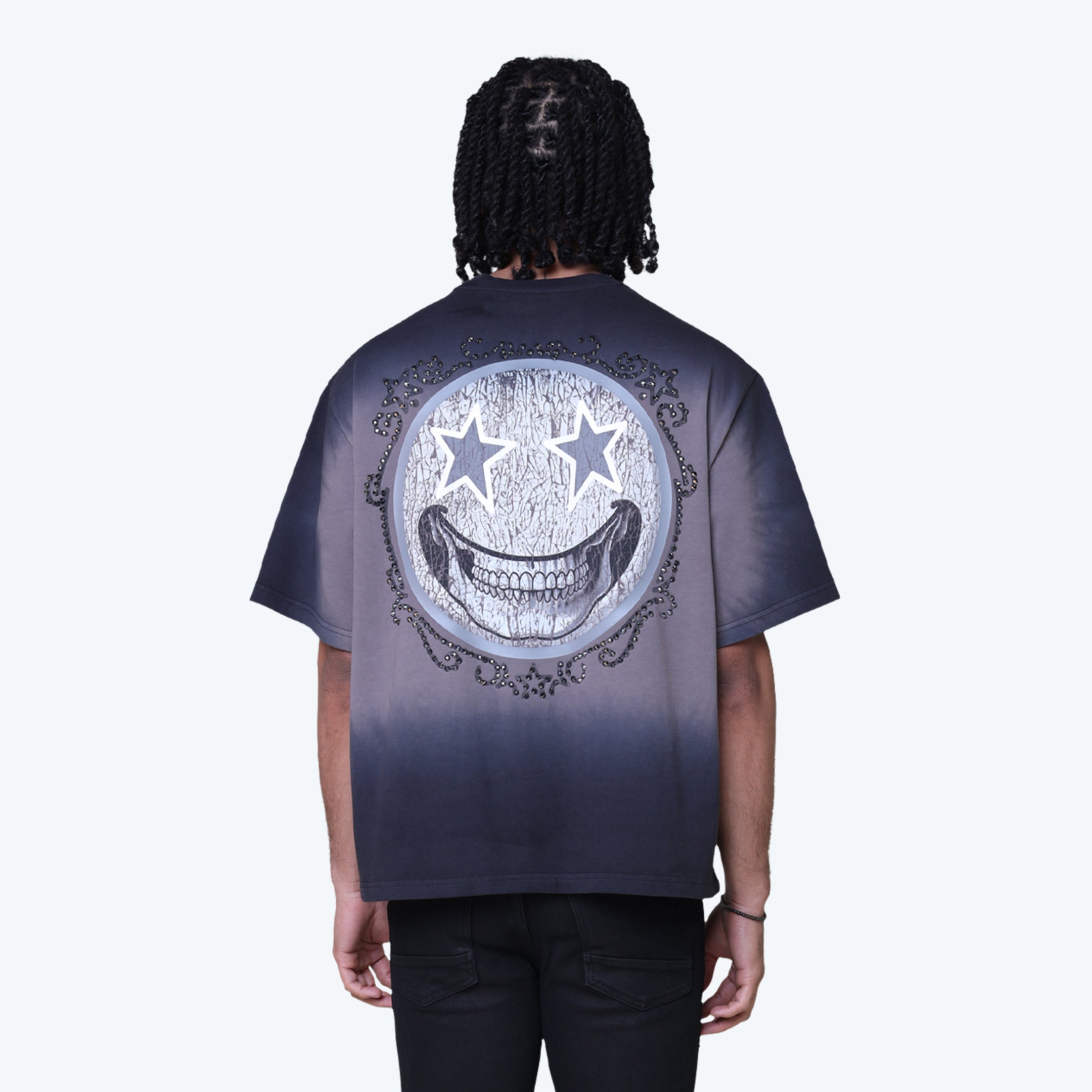 Wide Cropped Revival Rhinestone T-Shirt - Black