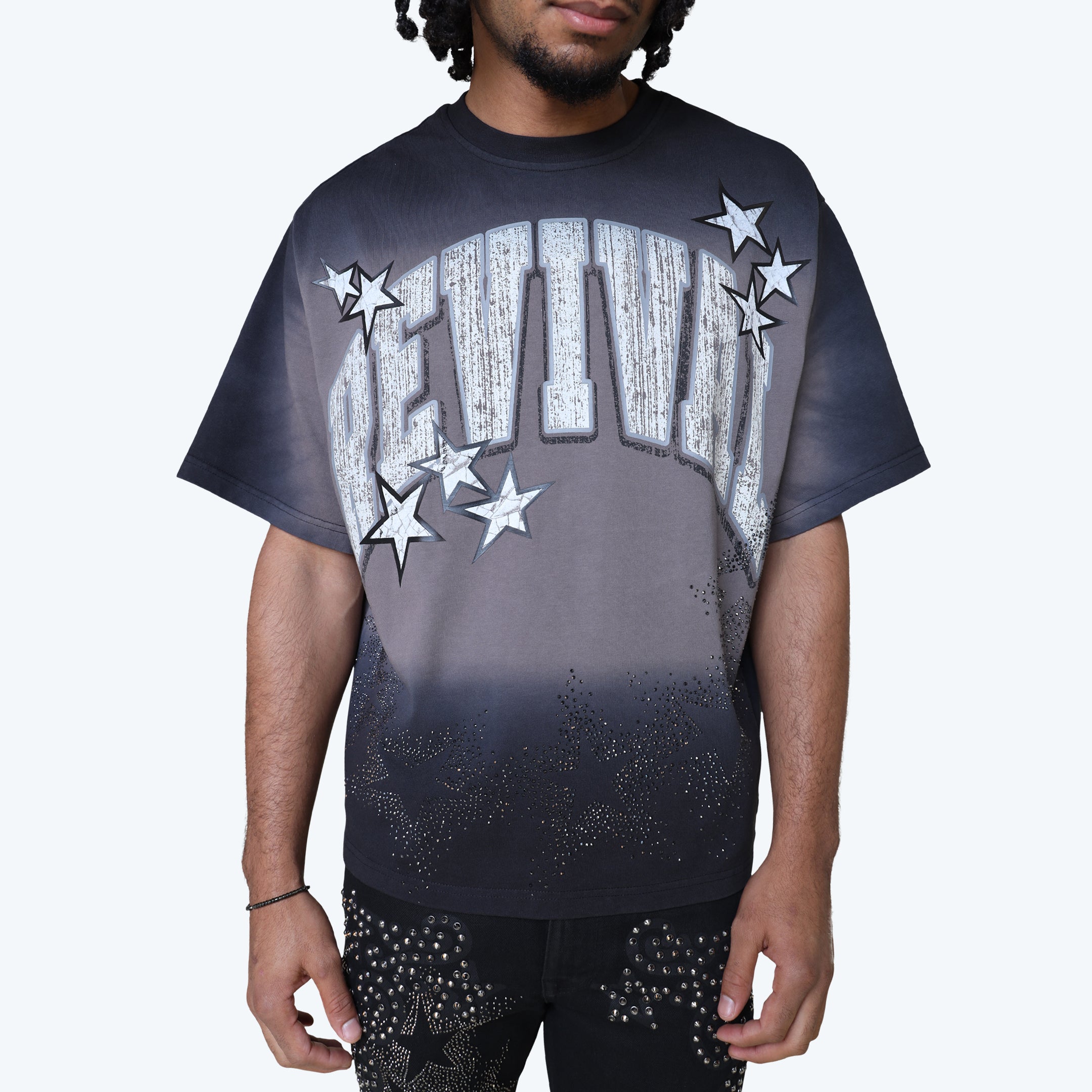 Wide Cropped Revival Rhinestone T-Shirt - Black