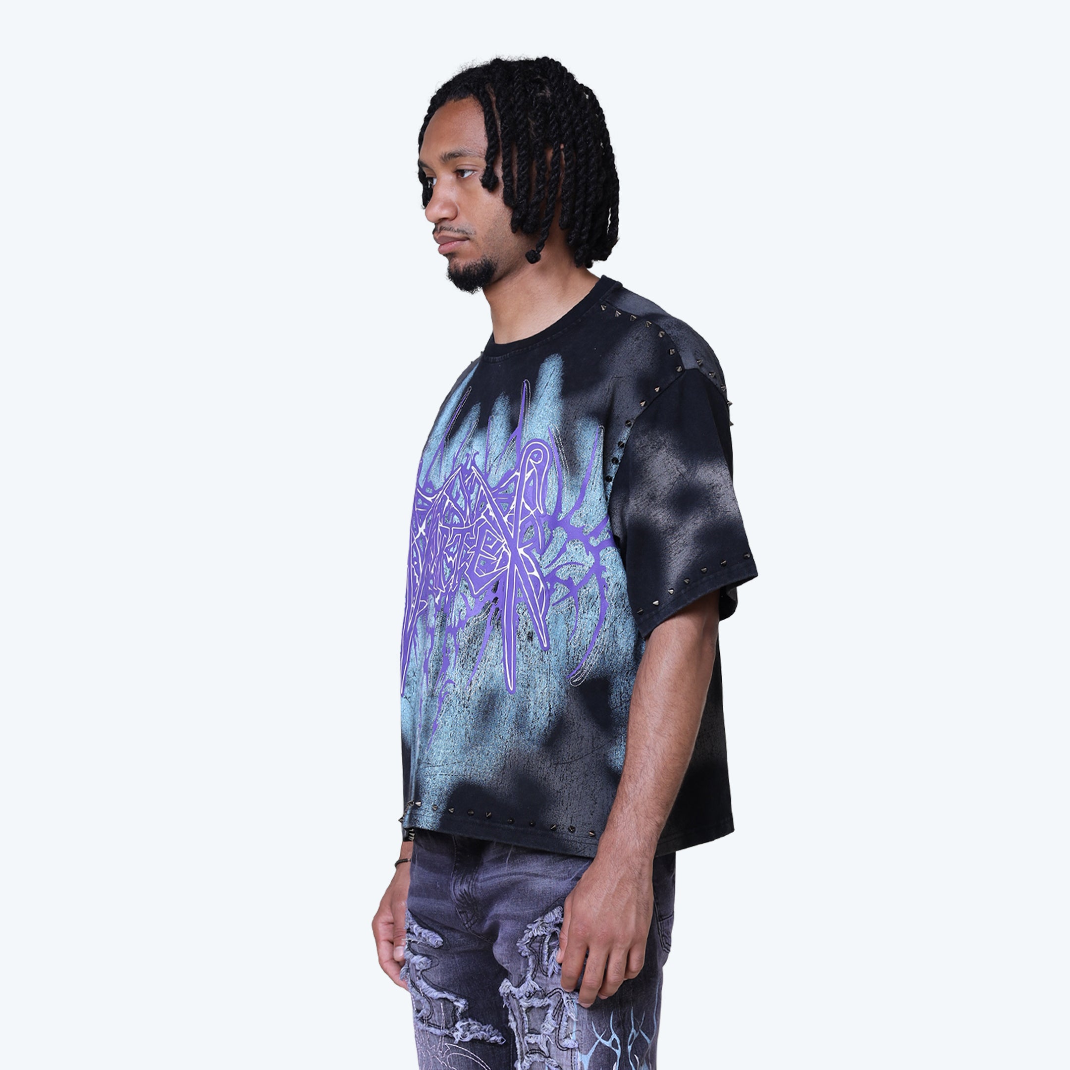 Wide Cropped Ascended Studded T-Shirt - Black