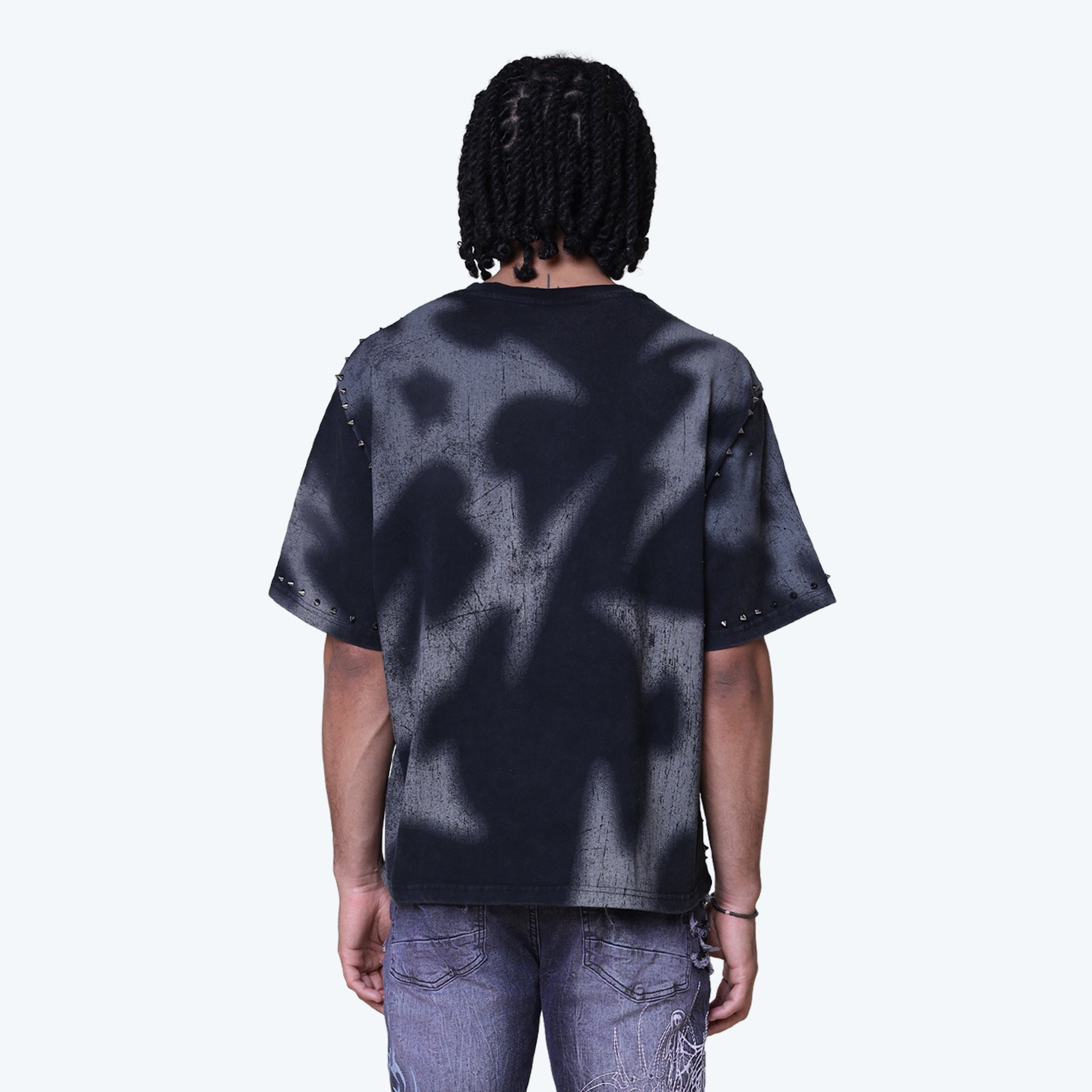 Wide Cropped Ascended Studded T-Shirt - Black