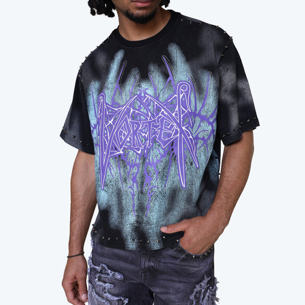 Wide Cropped Ascended Studded T-Shirt - Black