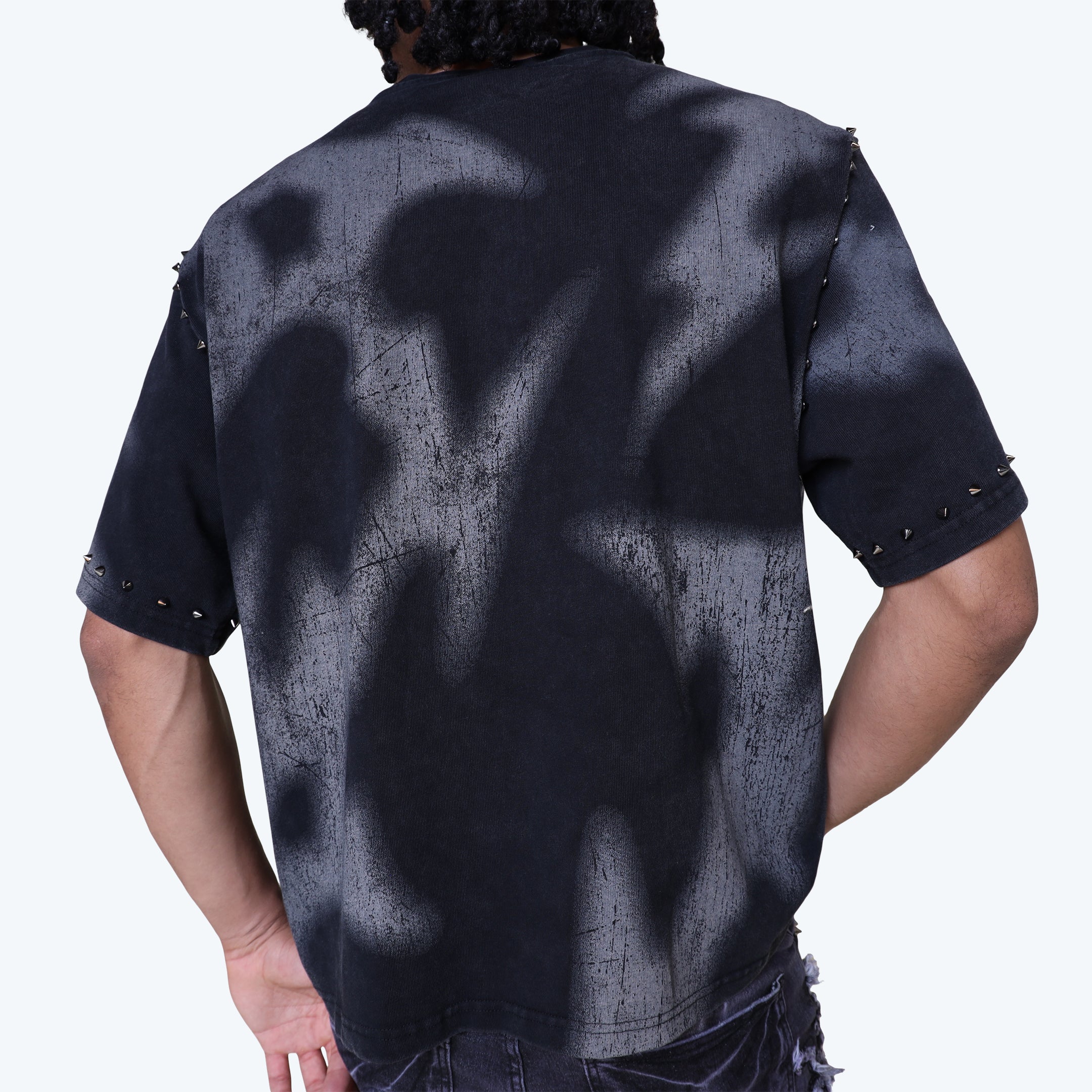 Wide Cropped Ascended Studded T-Shirt - Black