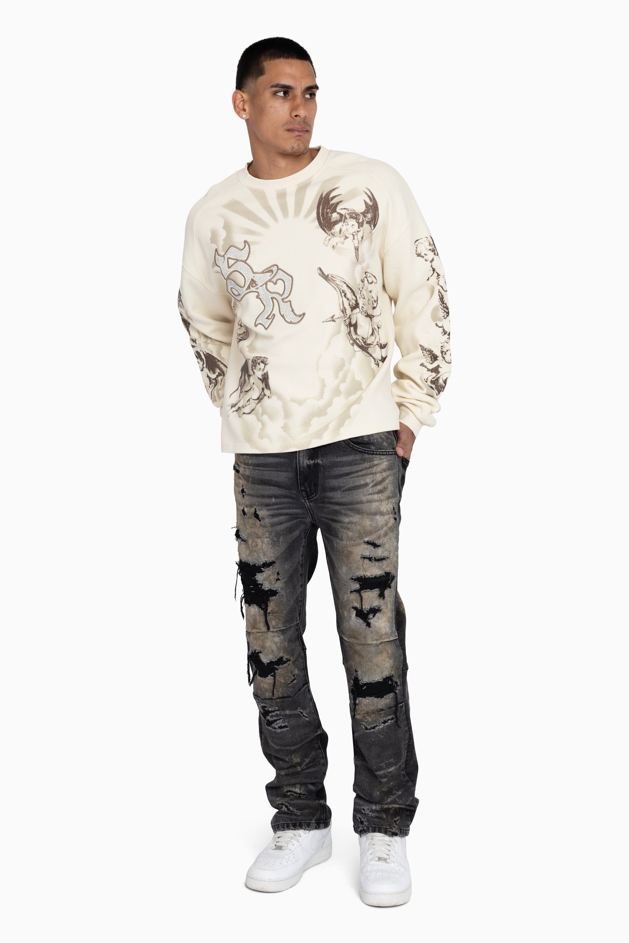 Trouble In Peace Thermal LS Tee - Ecru