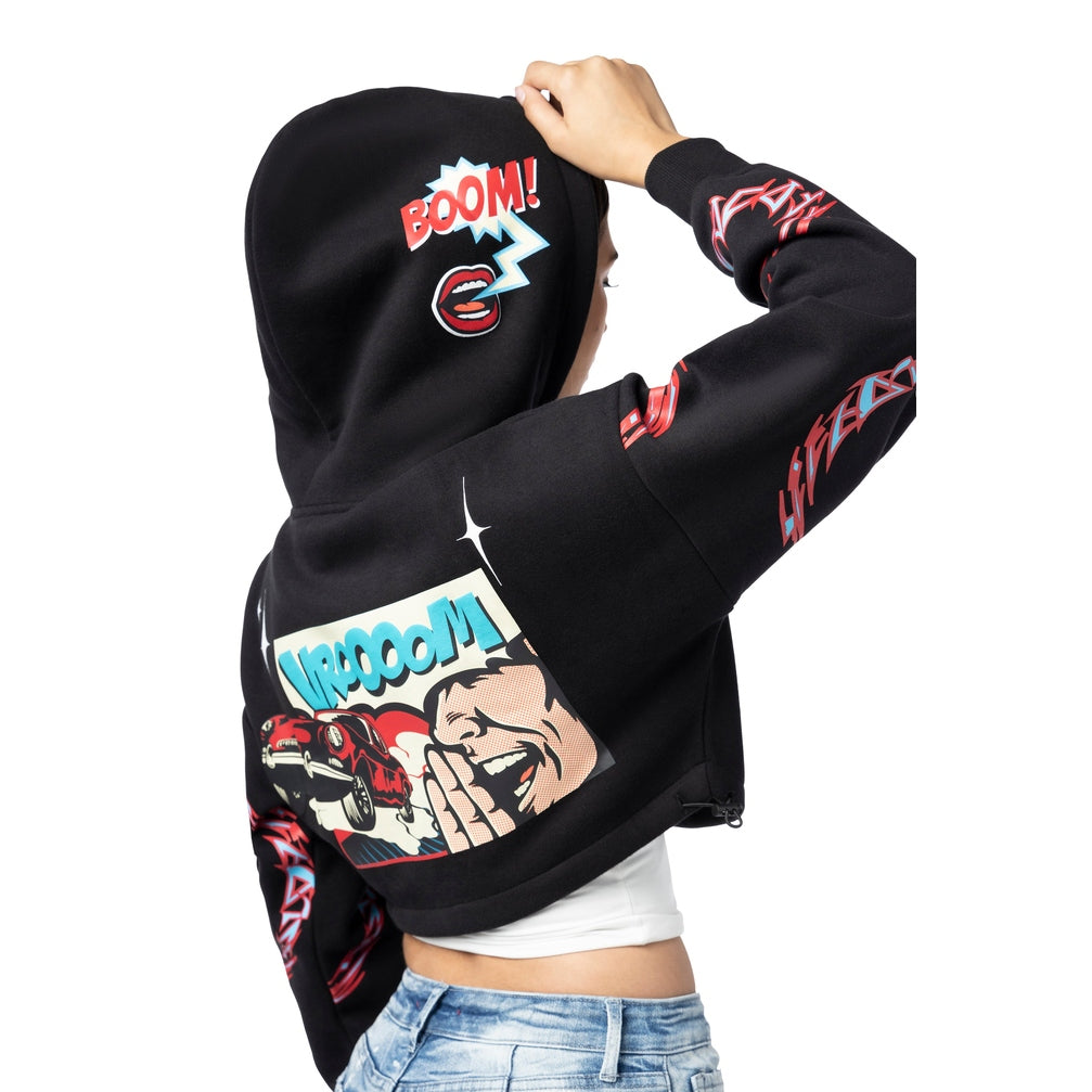 Smoke Rise RED Drop Shoulder Cropped Hoodie - Black