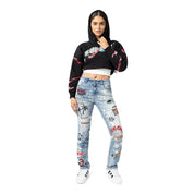 Smoke Rise RED Drop Shoulder Cropped Hoodie - Black