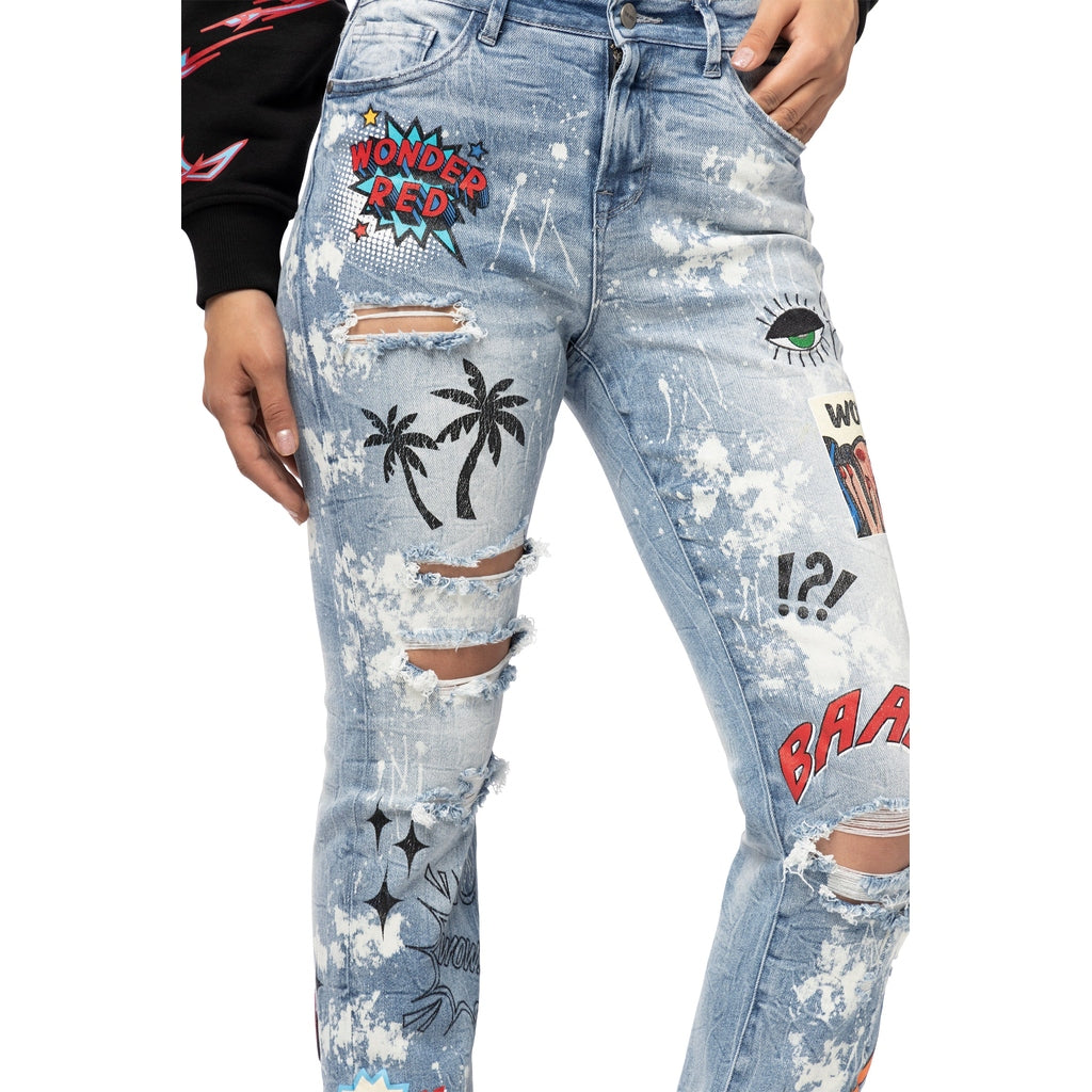 Smoke Rise RED High Rise Graphic Straight Denim Jeans - Cabana Blue