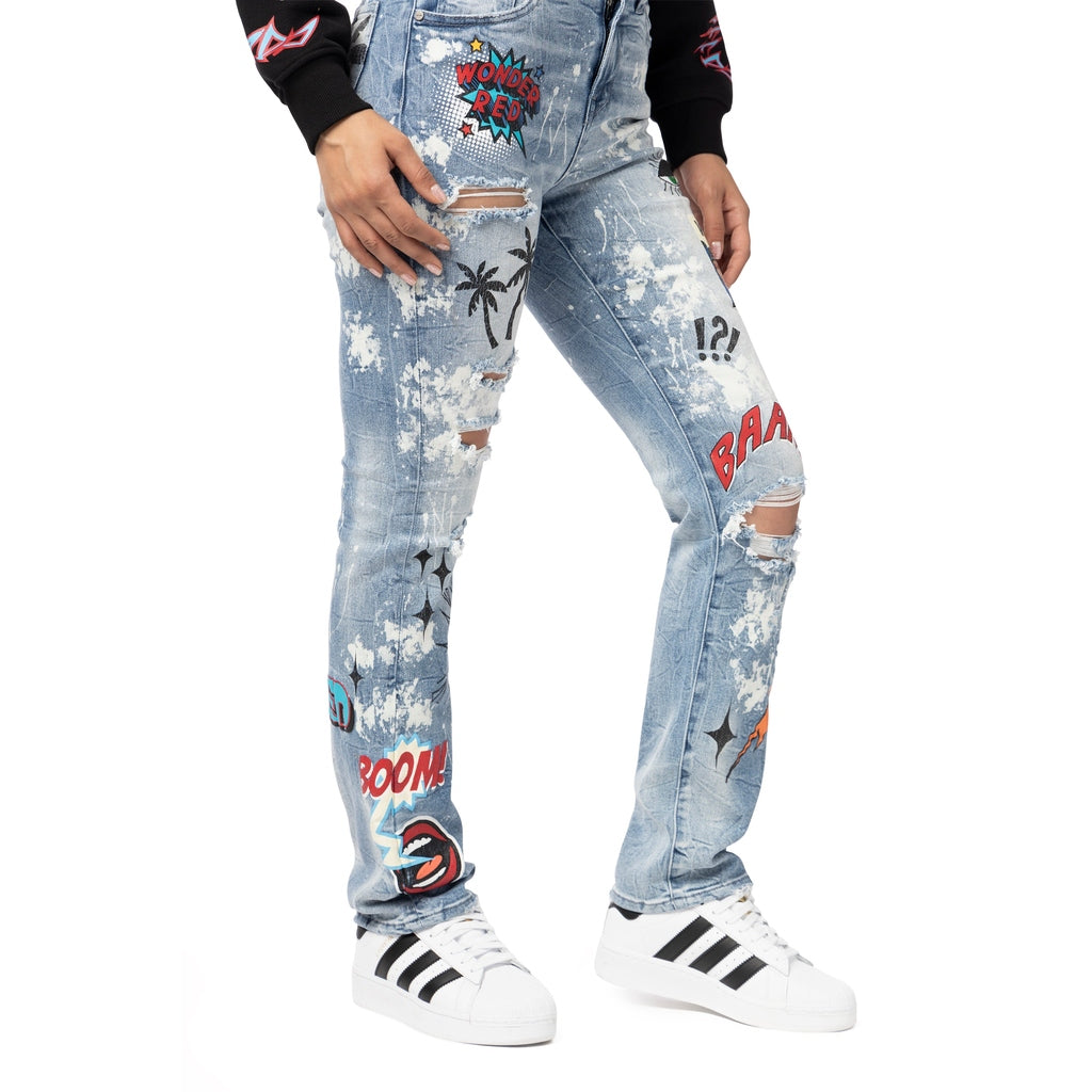 Smoke Rise RED High Rise Graphic Straight Denim Jeans - Cabana Blue