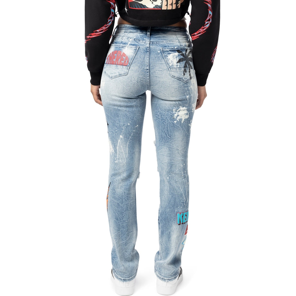 Smoke Rise RED High Rise Graphic Straight Denim Jeans - Cabana Blue