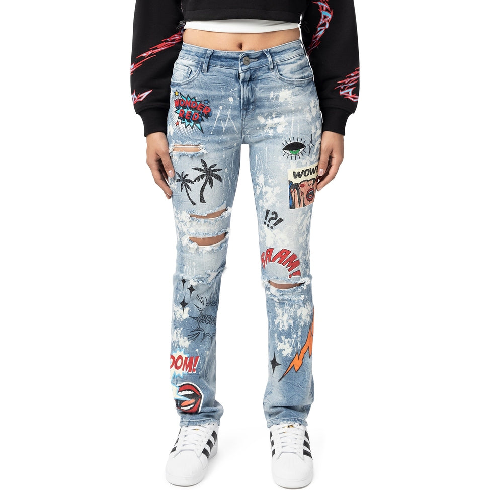 Smoke Rise RED High Rise Graphic Straight Denim Jeans - Cabana Blue