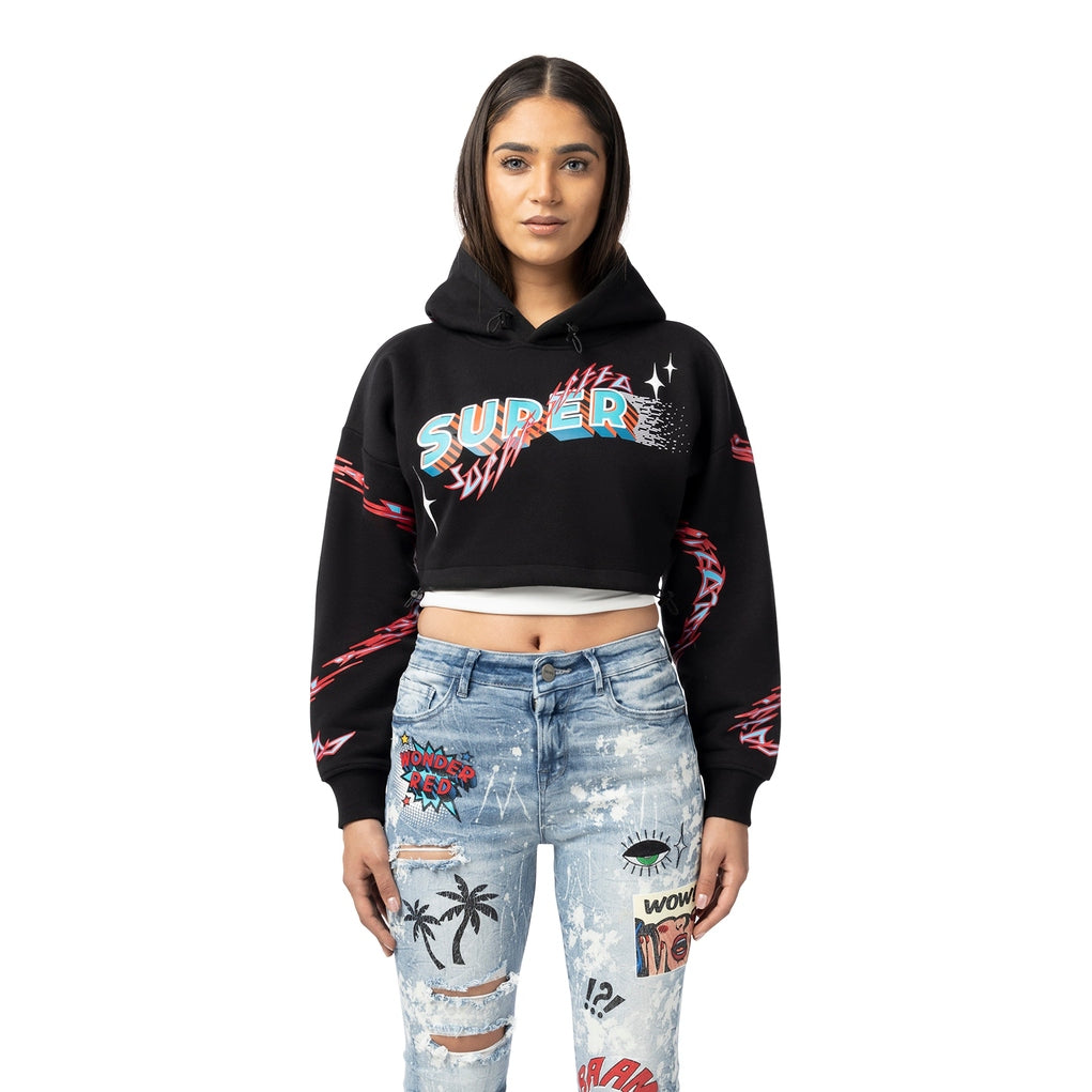 Smoke Rise RED Drop Shoulder Cropped Hoodie - Black