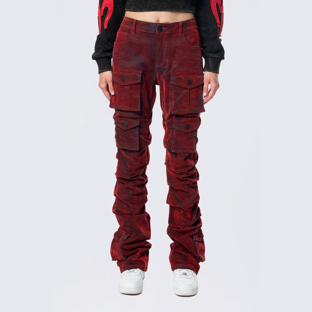 Smoke Rise RED High Rise Stacked Flocked Jeans - Crimson