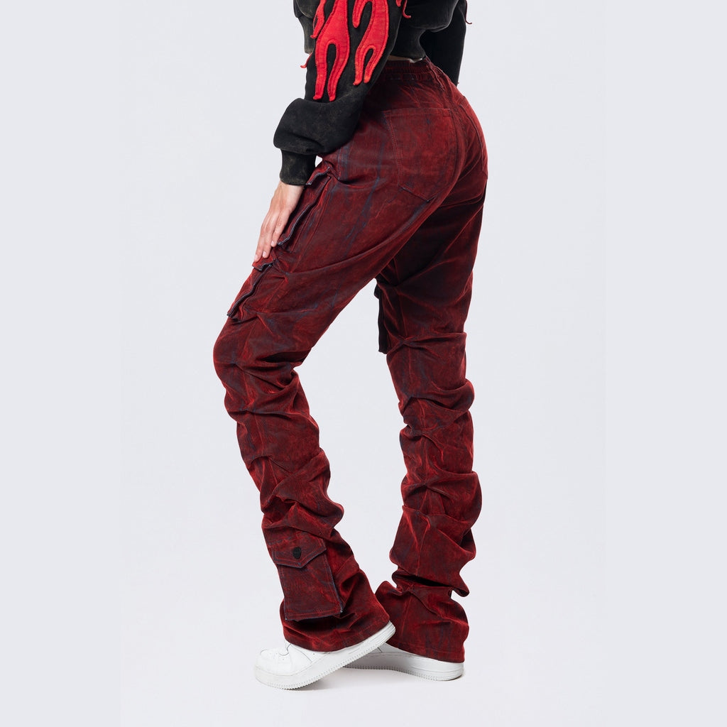 Smoke Rise RED High Rise Stacked Flocked Jeans - Crimson