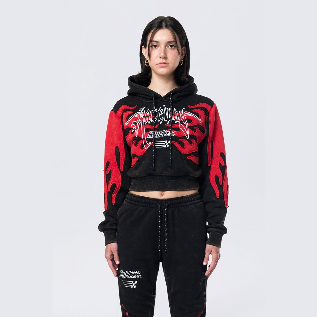 Smoke Rise RED Cropped Racing Hoodie - Black