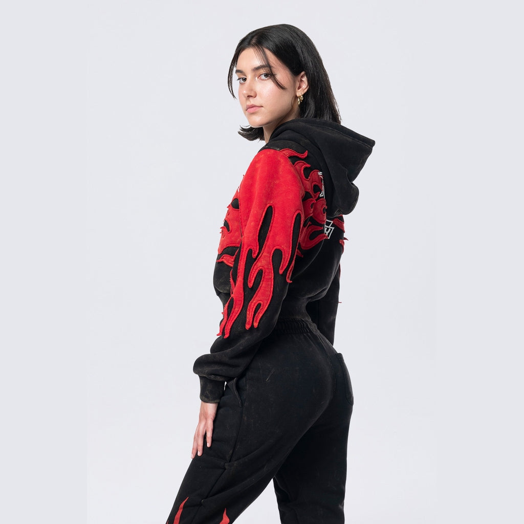 Smoke Rise RED Cropped Racing Hoodie - Black