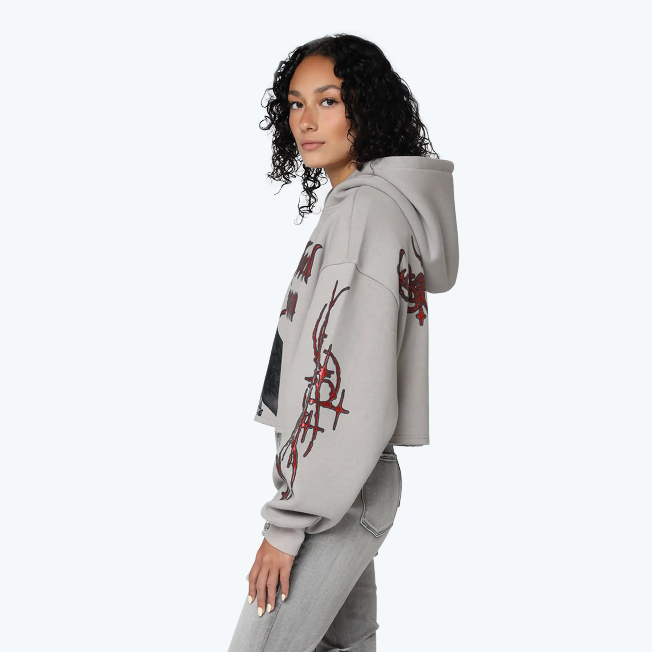 Oversized Cropped Rhinestone 2-Fer Hoodie - Drizzle