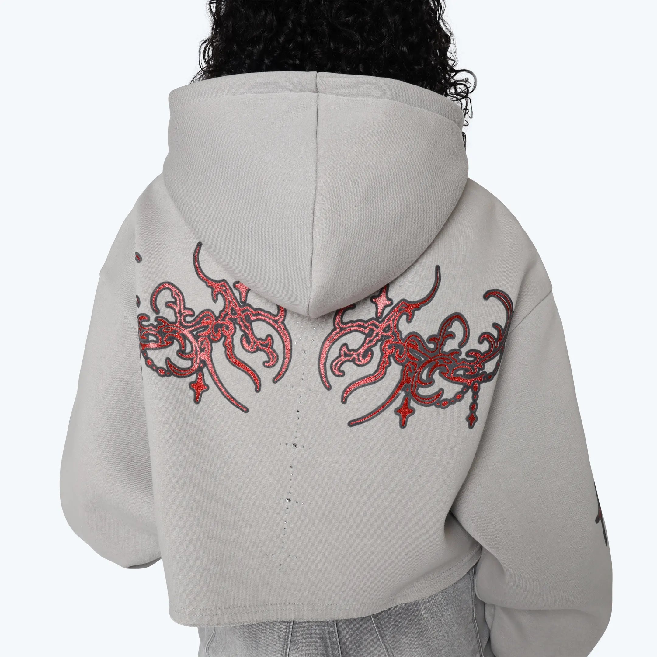 Oversized Cropped Rhinestone 2-Fer Hoodie - Drizzle