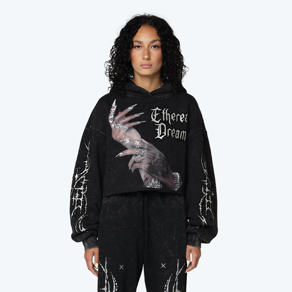 Oversized Cropped Rhinestone 2-Fer Hoodie - Hematite