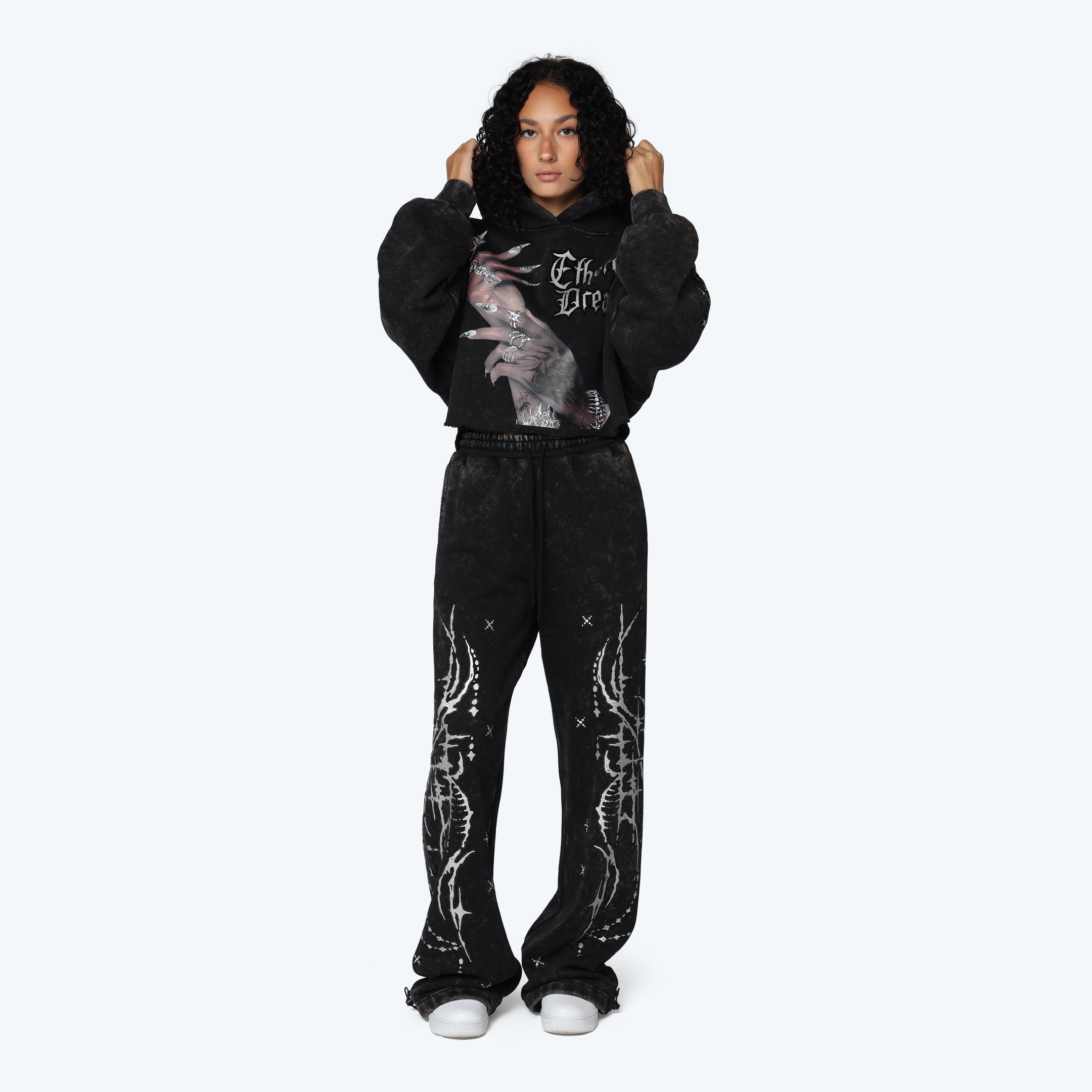 Oversized Cropped Rhinestone 2-Fer Hoodie - Hematite