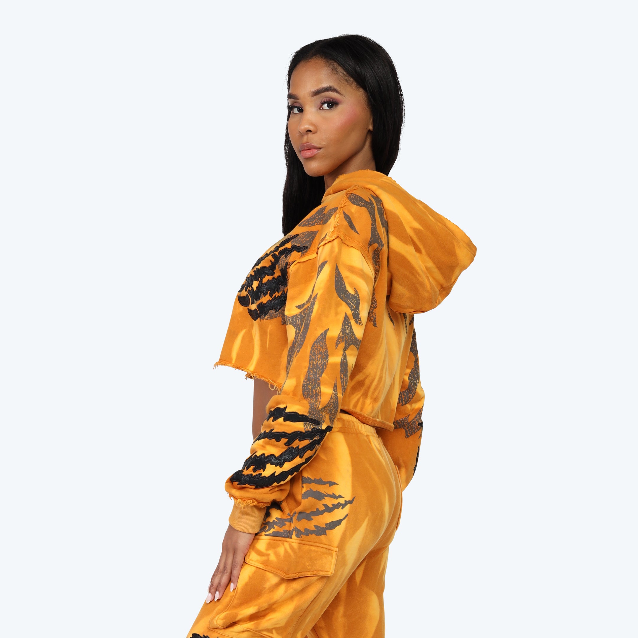 Cropped Vegan Leather Patch Hoodie - Golden Oak