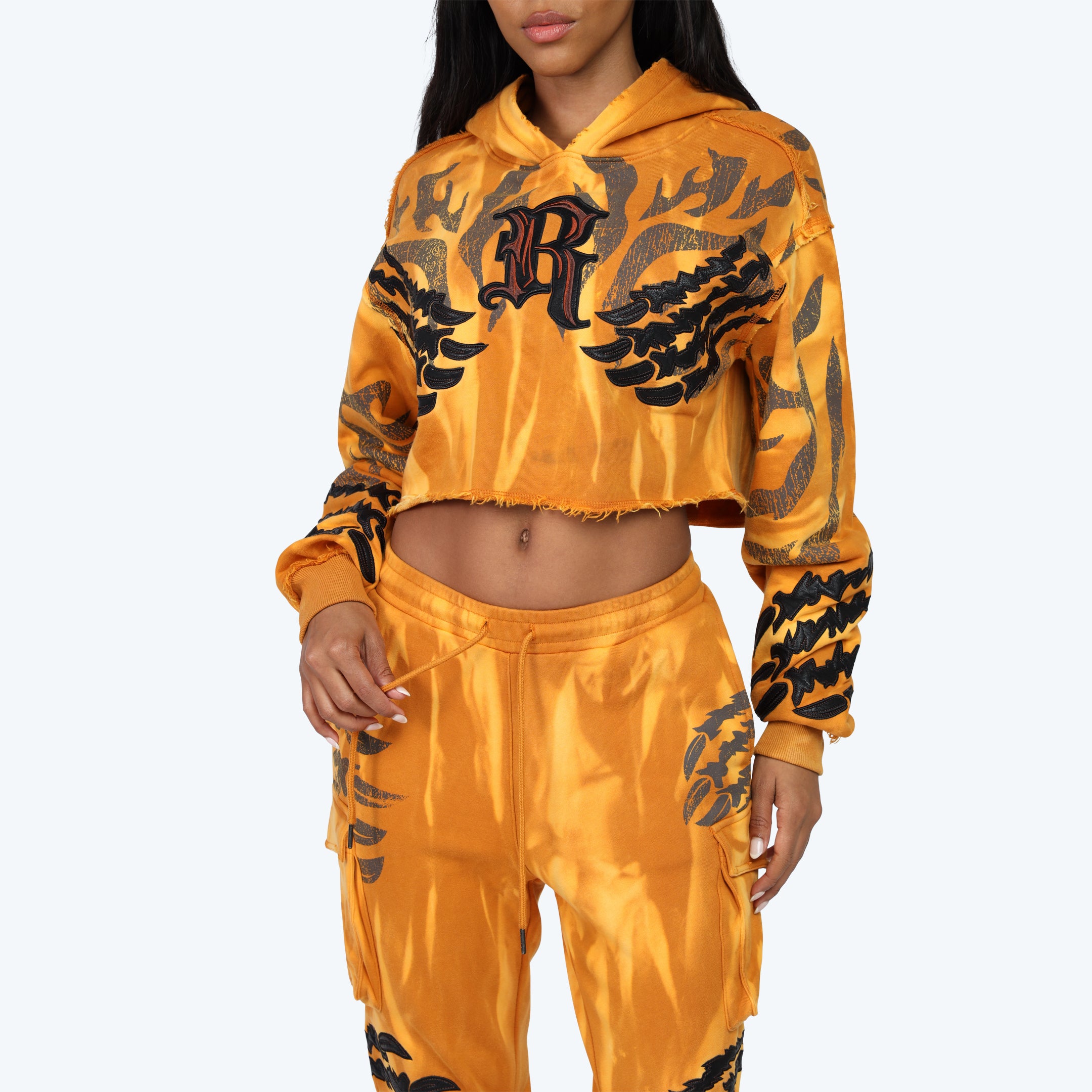 Cropped Vegan Leather Patch Hoodie - Golden Oak