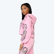 Oversized Cropped All Over Print Hoodie - Begonia Pink