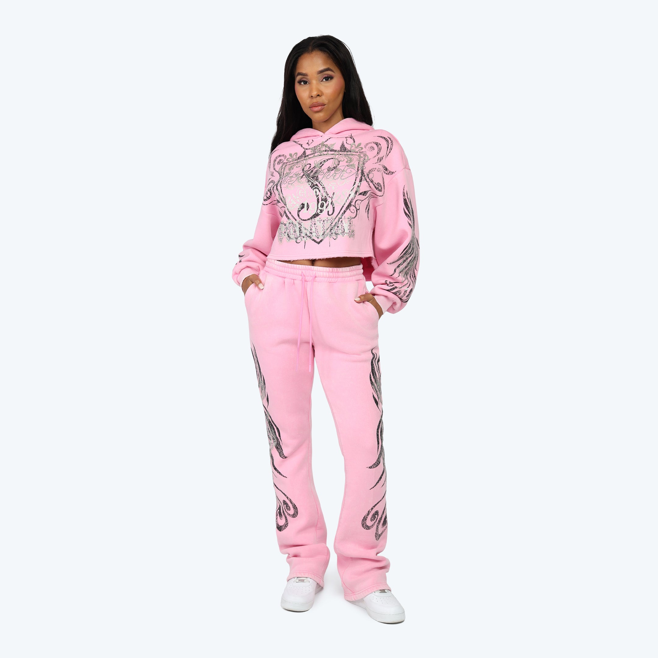 Oversized Cropped All Over Print Hoodie - Begonia Pink