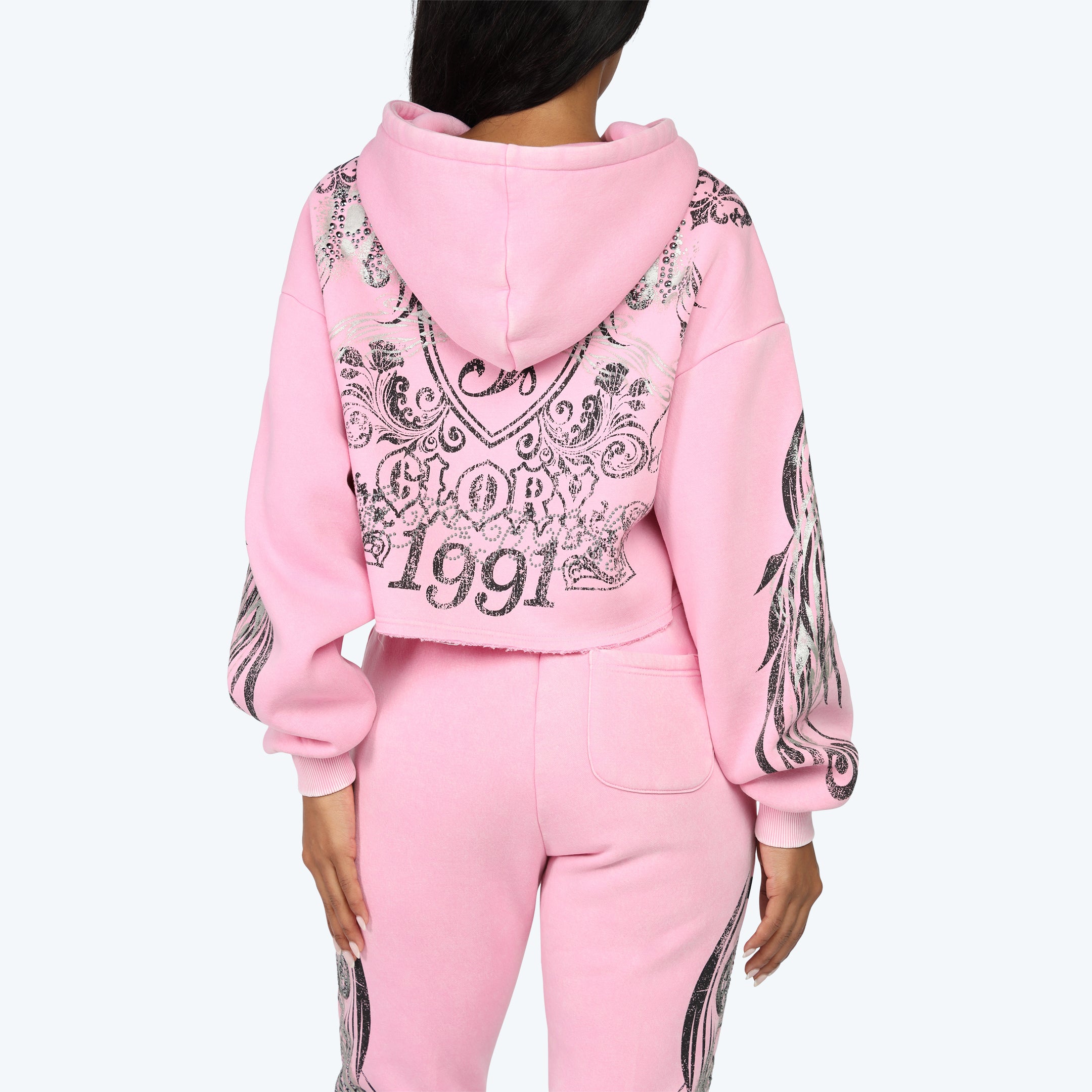 Oversized Cropped All Over Print Hoodie - Begonia Pink