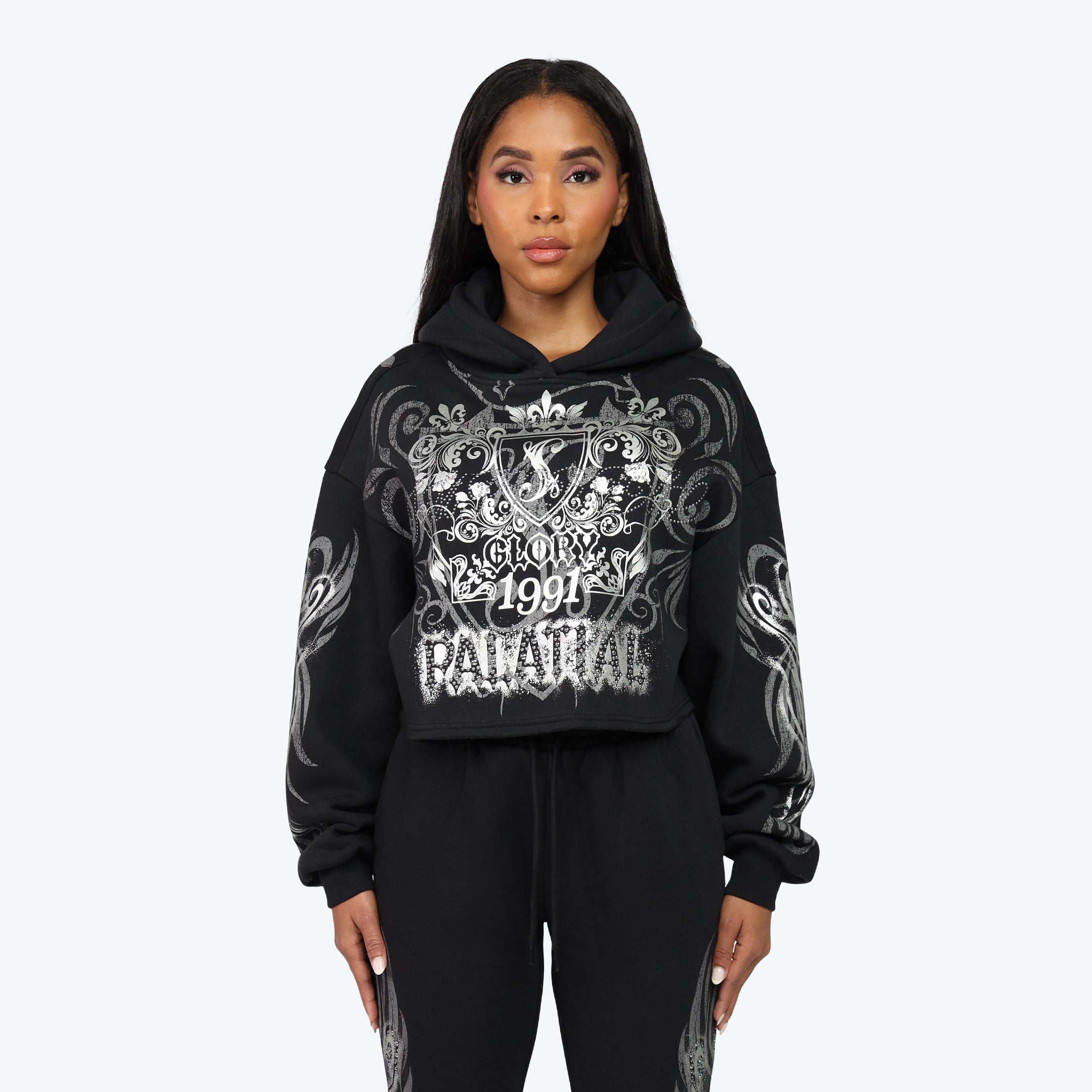 Oversized Cropped All Over Print Hoodie - Black