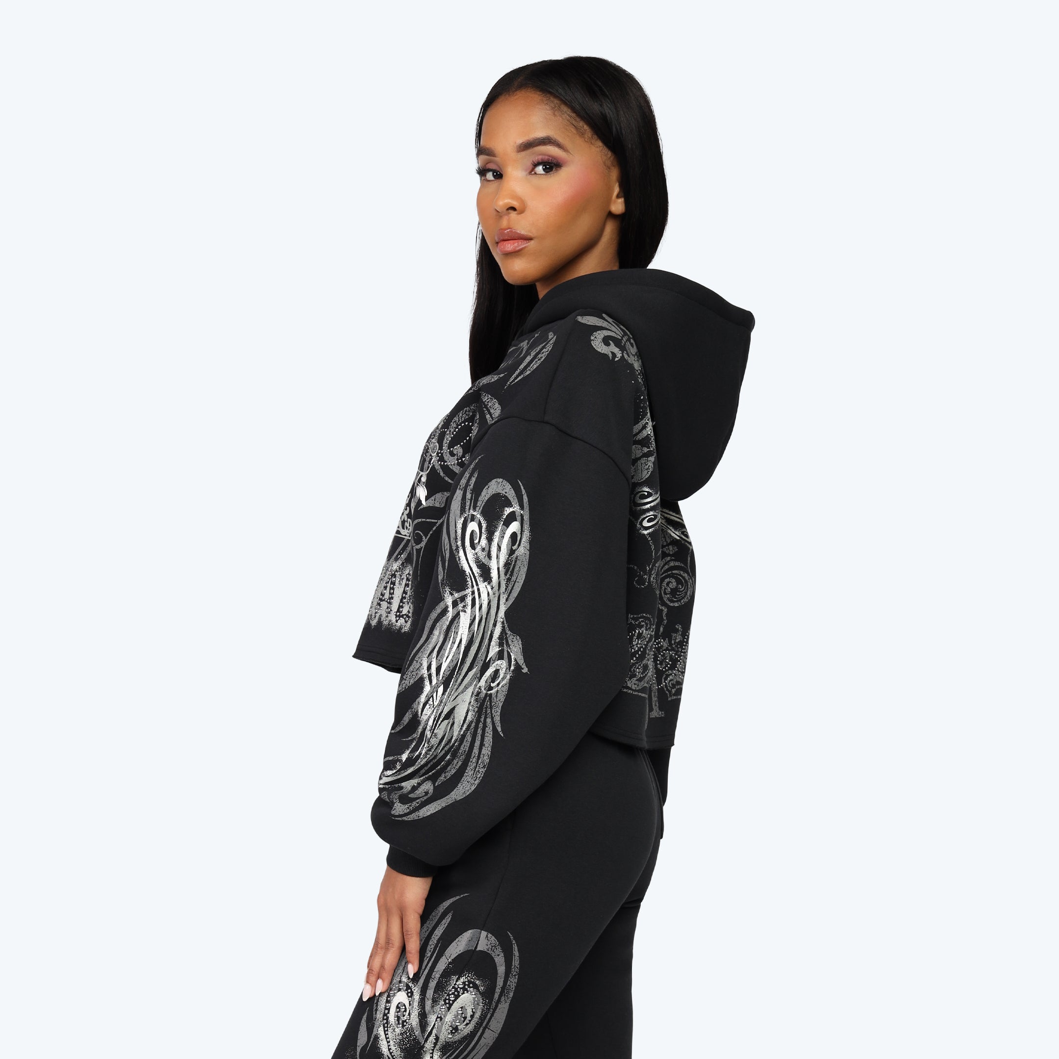 Oversized Cropped All Over Print Hoodie - Black