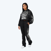 Oversized Cropped All Over Print Hoodie - Black