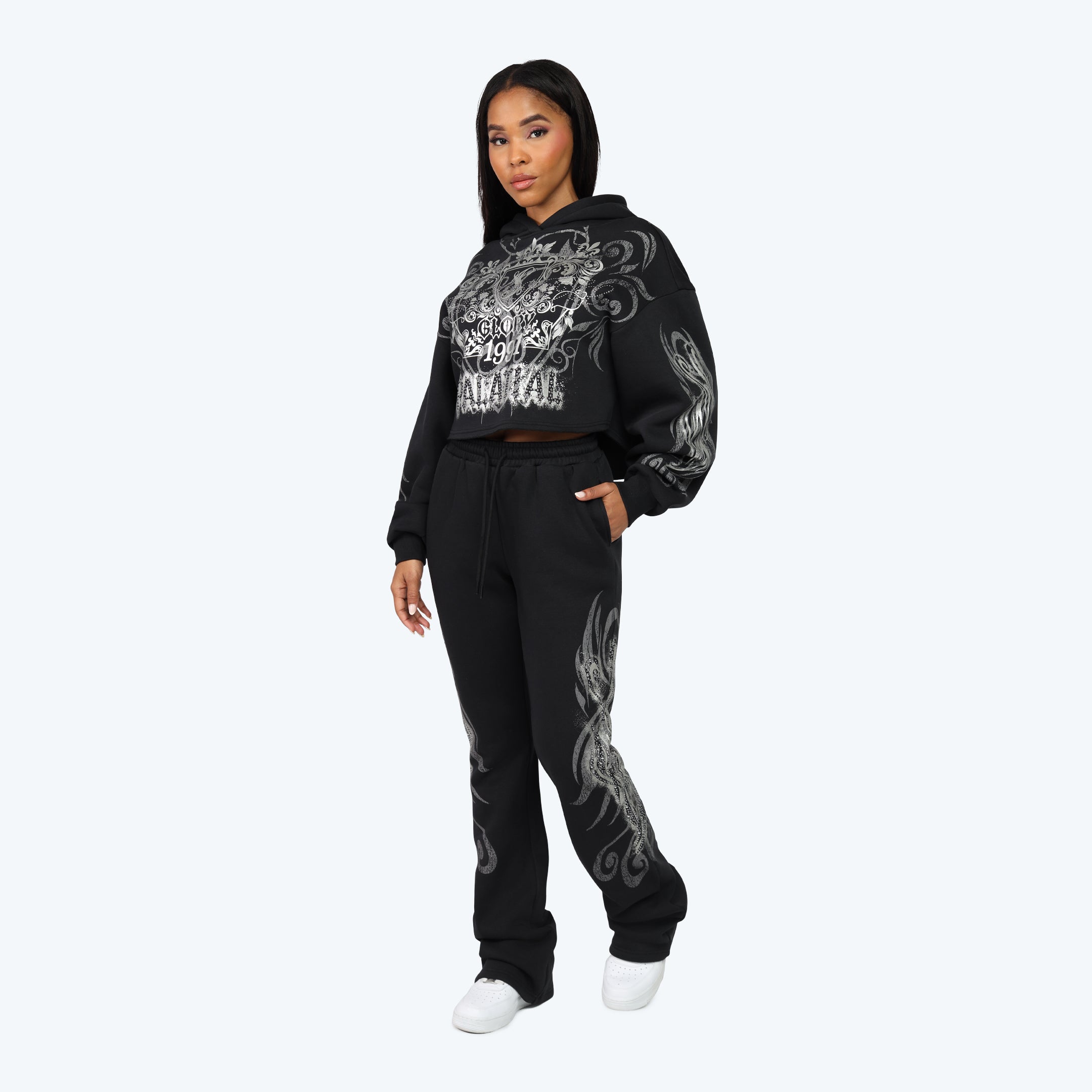 Oversized Cropped All Over Print Hoodie - Black