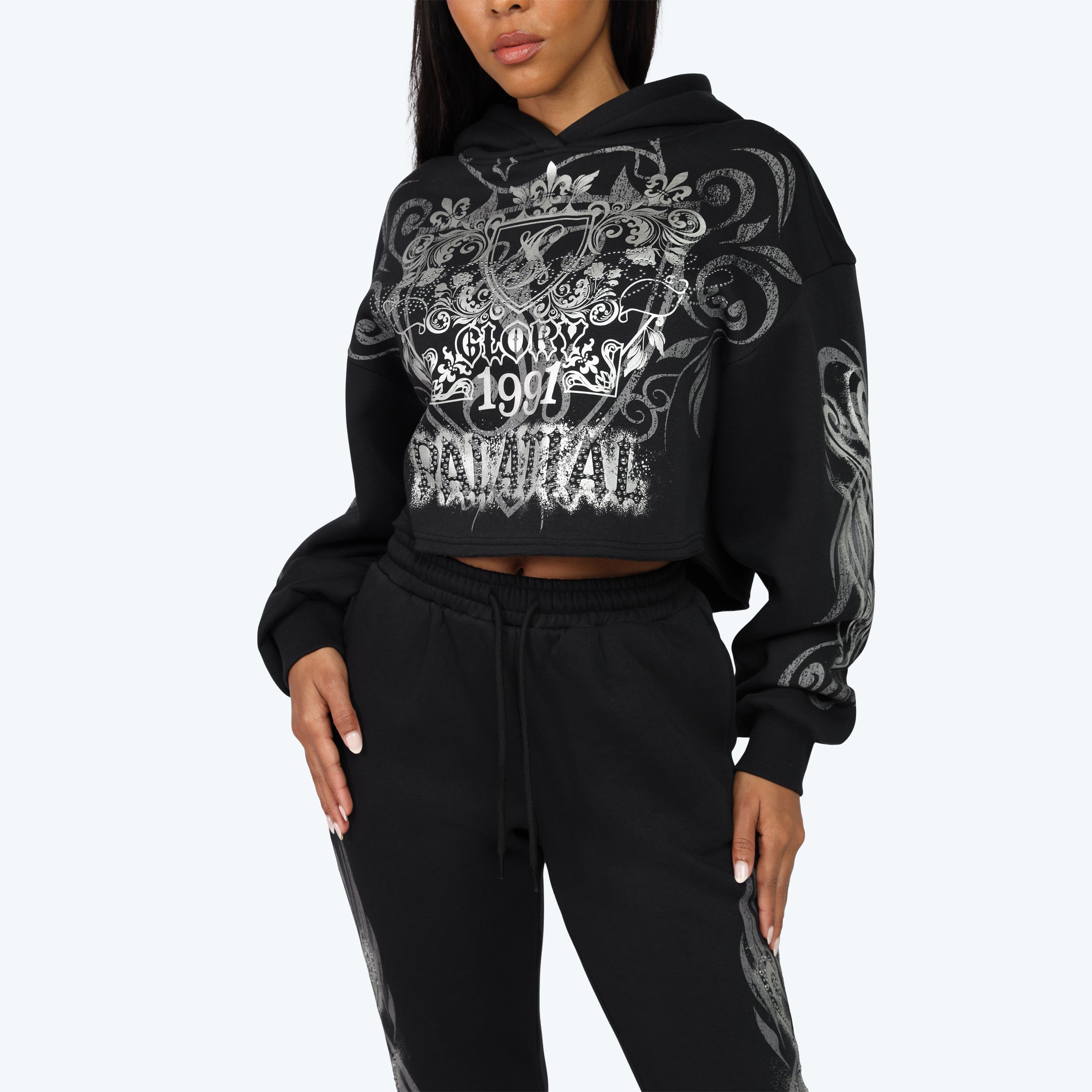 Oversized Cropped All Over Print Hoodie - Black