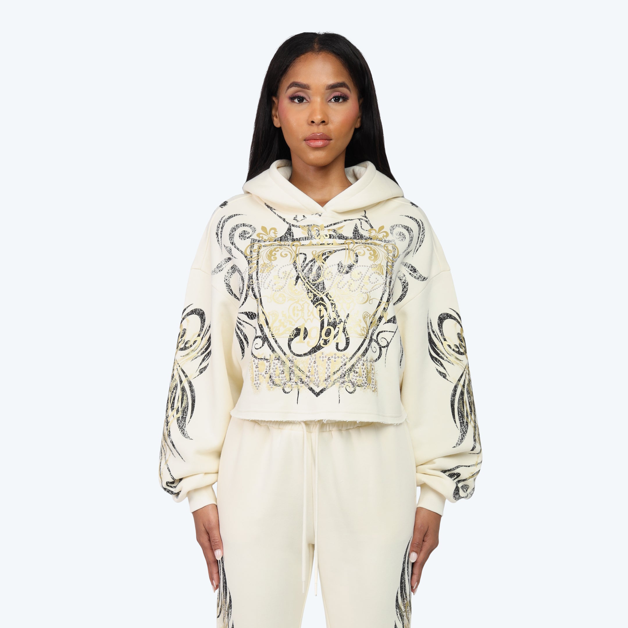 Oversized Cropped All Over Print Hoodie - Turtledove