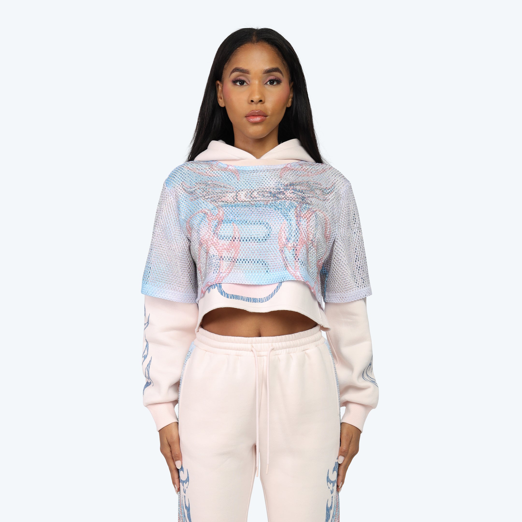 Graphic Print 2-Fer Hoodie - Misty Rose