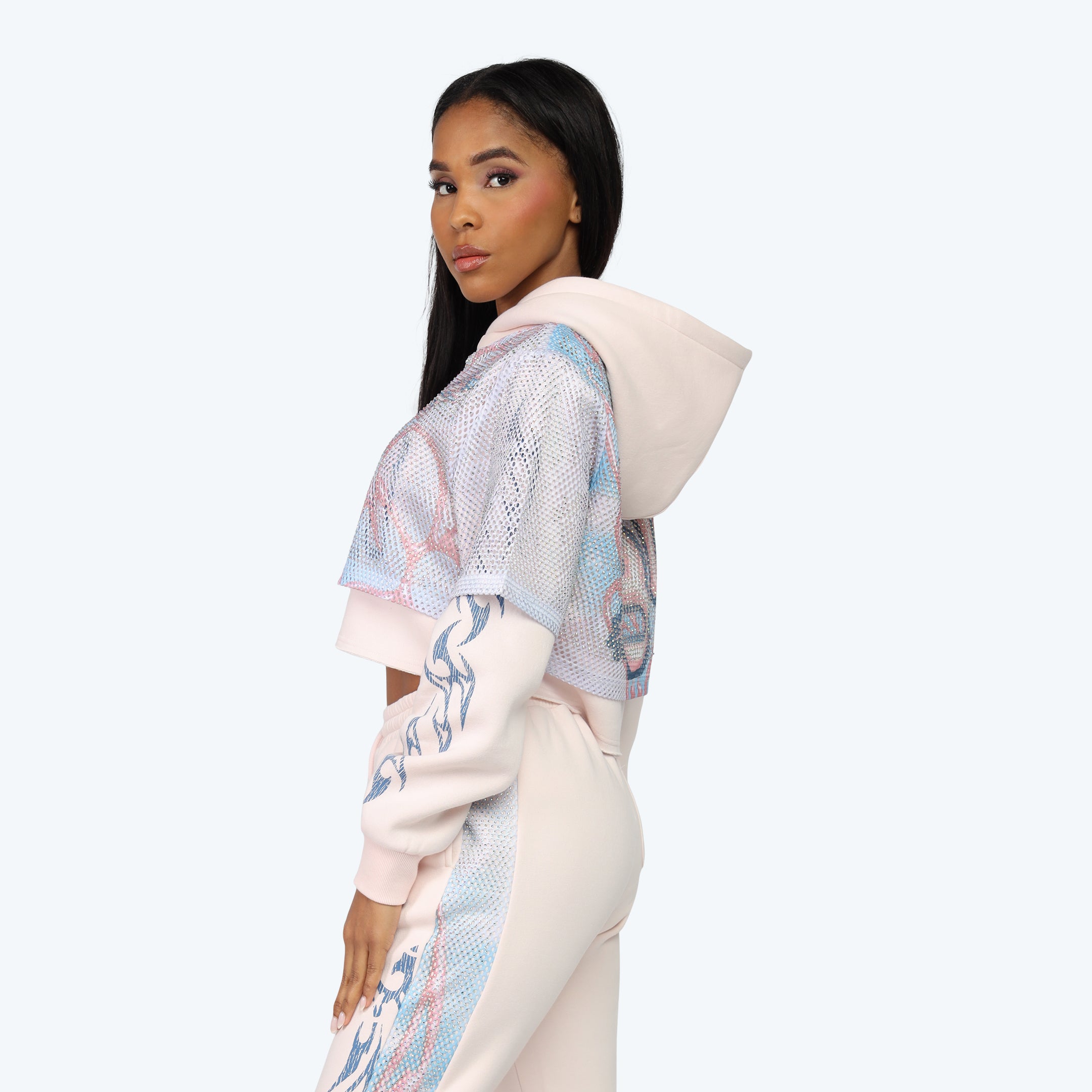 Graphic Print 2-Fer Hoodie - Misty Rose