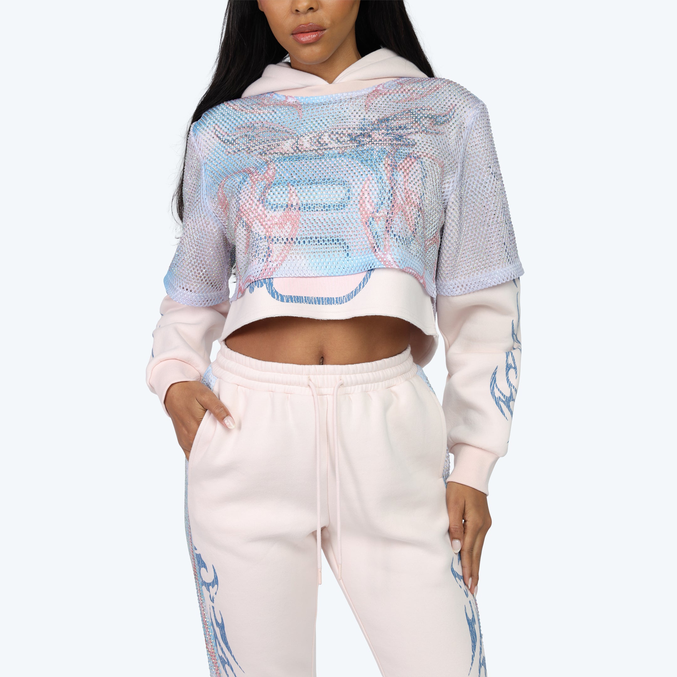 Graphic Print 2-Fer Hoodie - Misty Rose