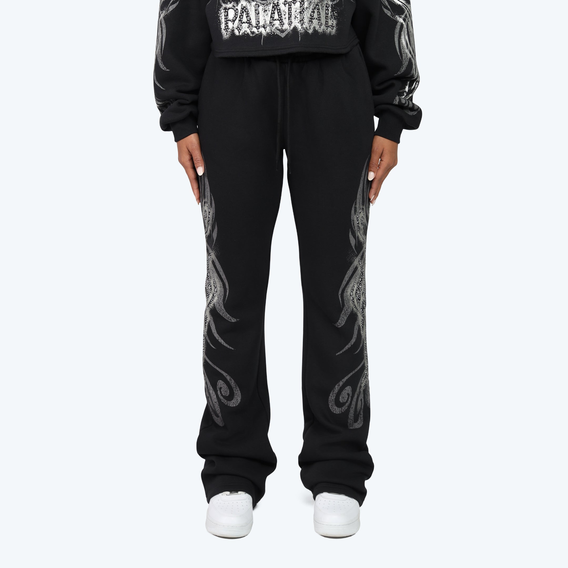 High Rise Stacked Printed Pants - Black