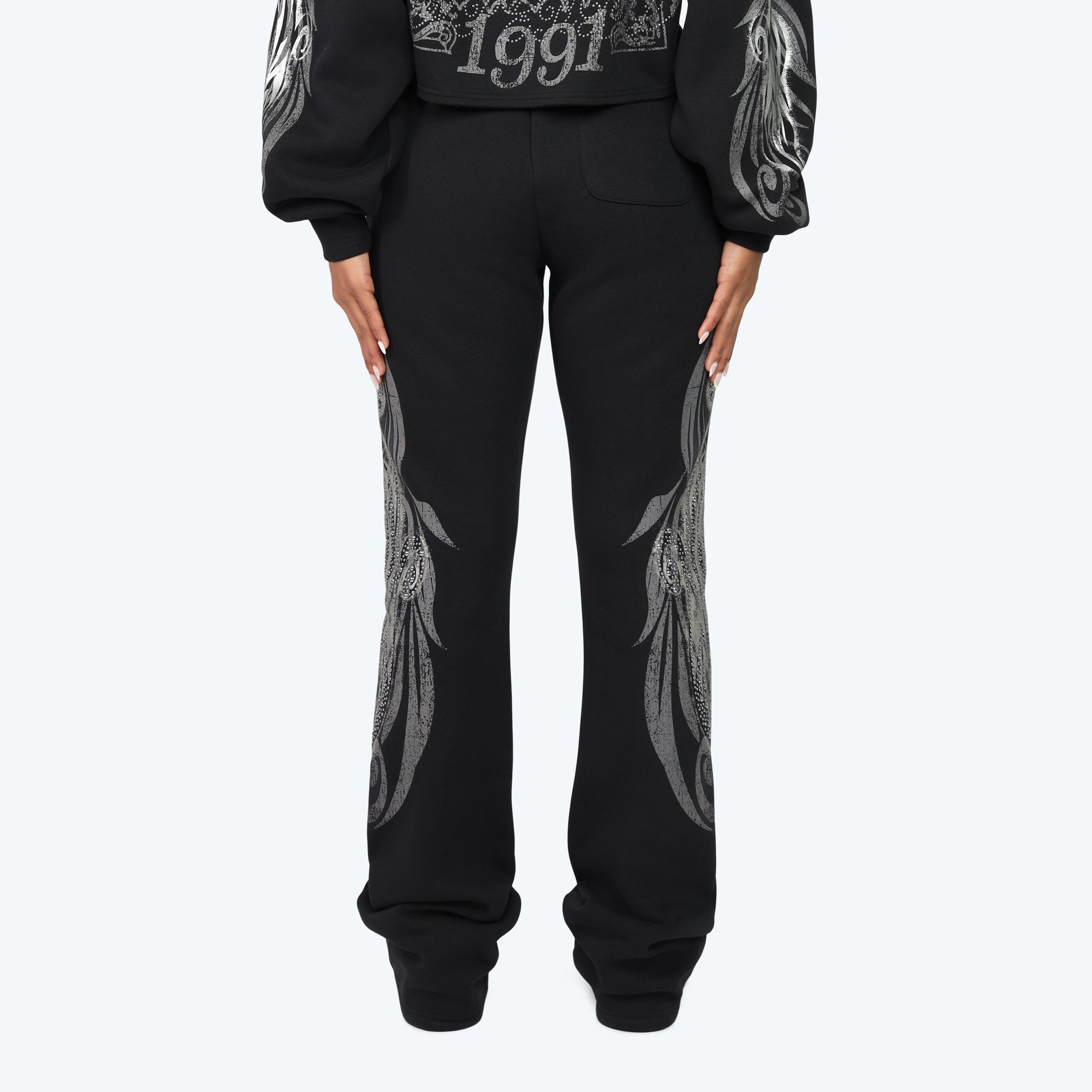 High Rise Stacked Printed Pants - Black