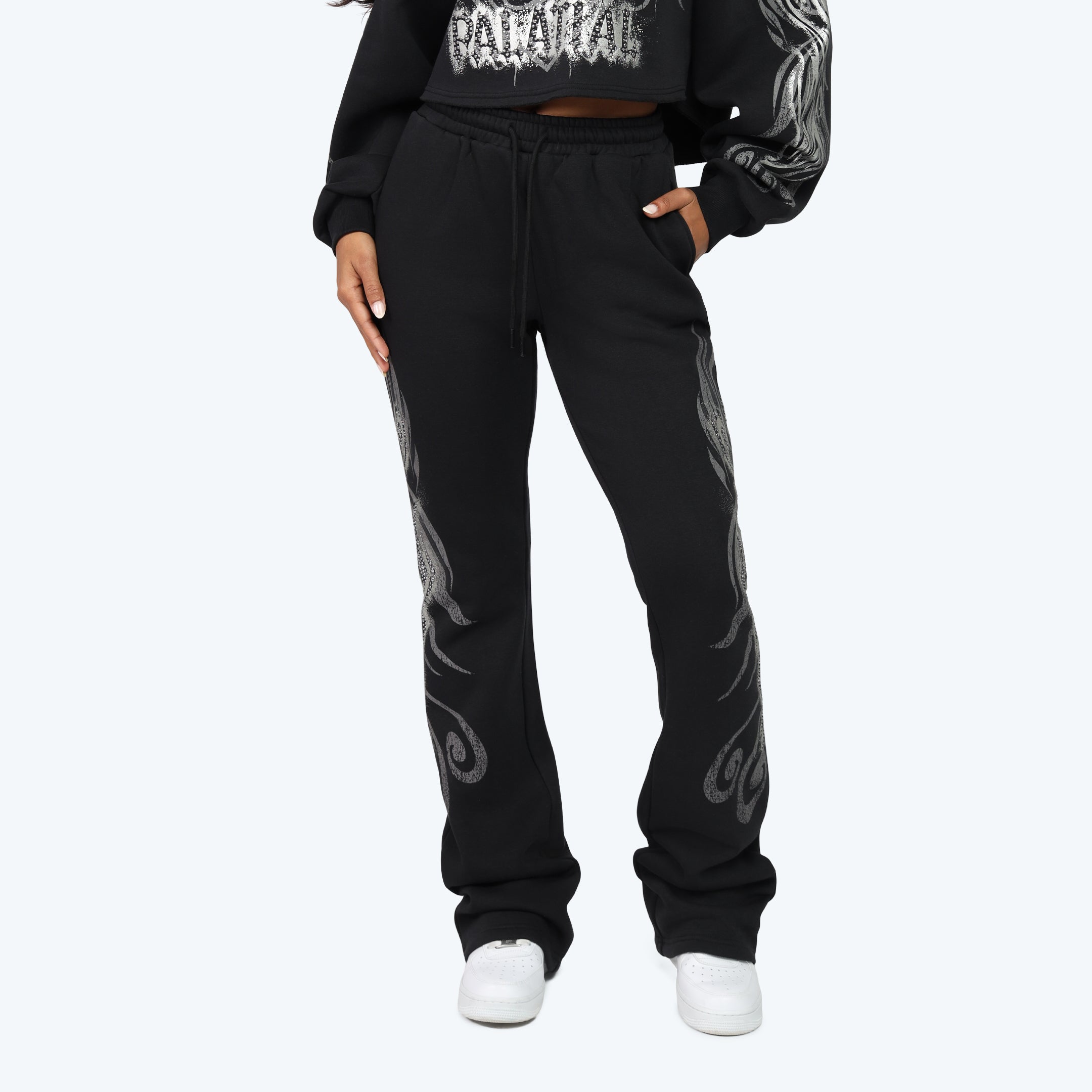 High Rise Stacked Printed Pants - Black