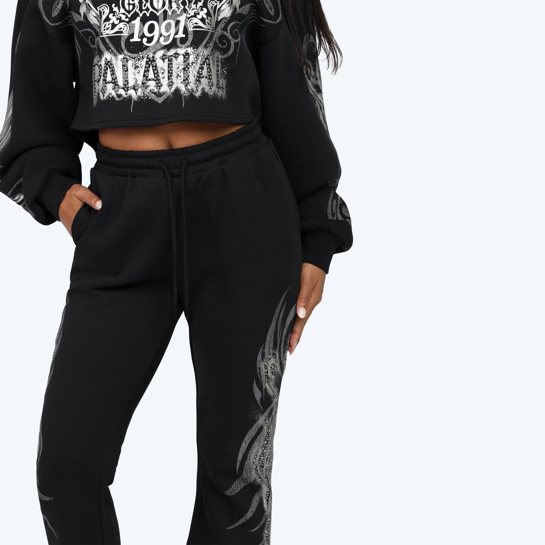 High Rise Stacked Printed Pants - Black