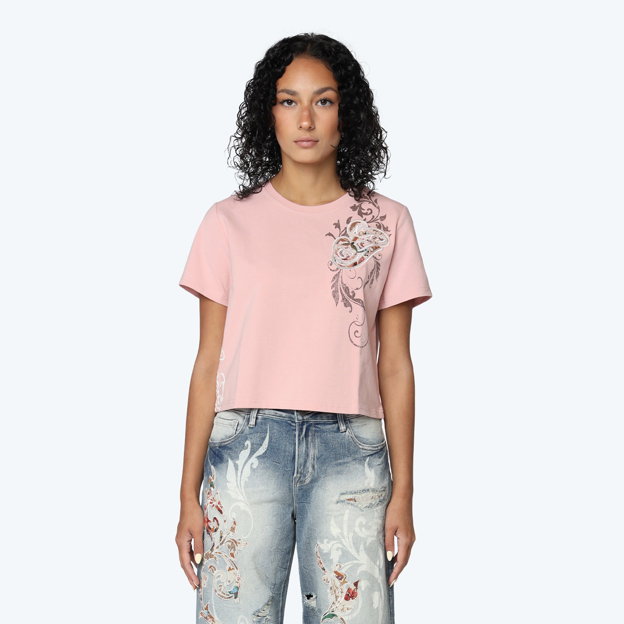 Tapestry Patched T-Shirt - Silver Pink