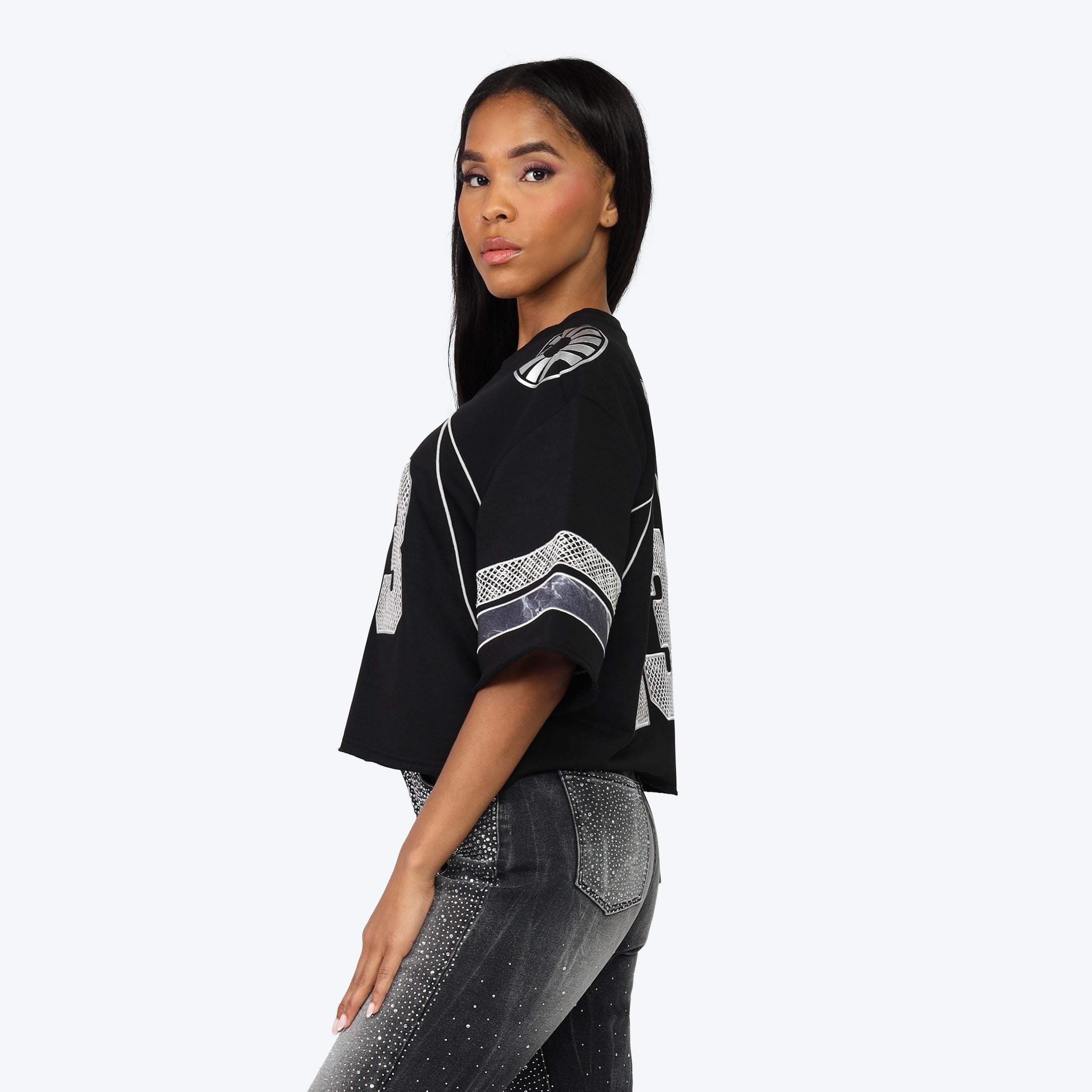 Oversized Boxy Rhinestone Tee - Black