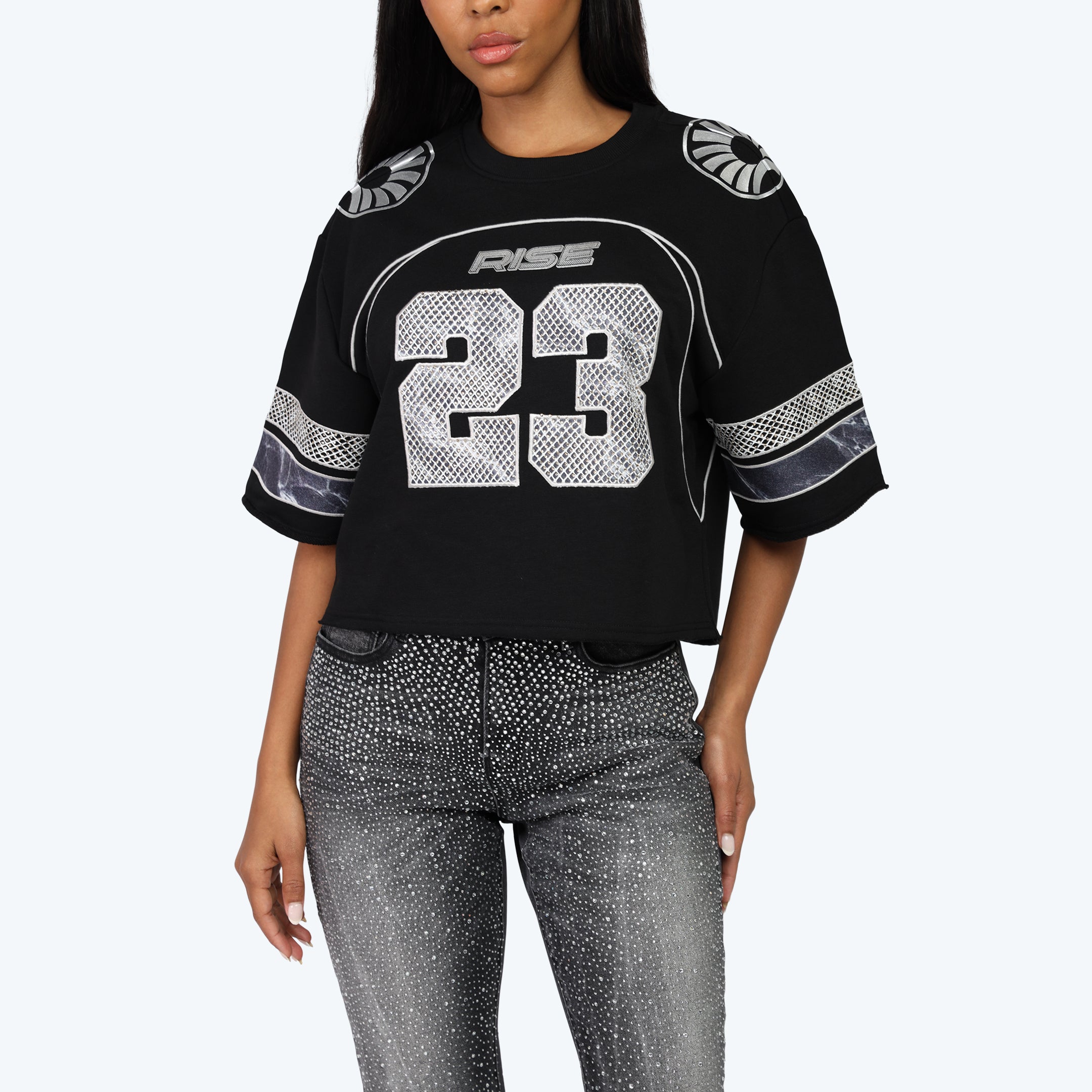 Oversized Boxy Rhinestone Tee - Black