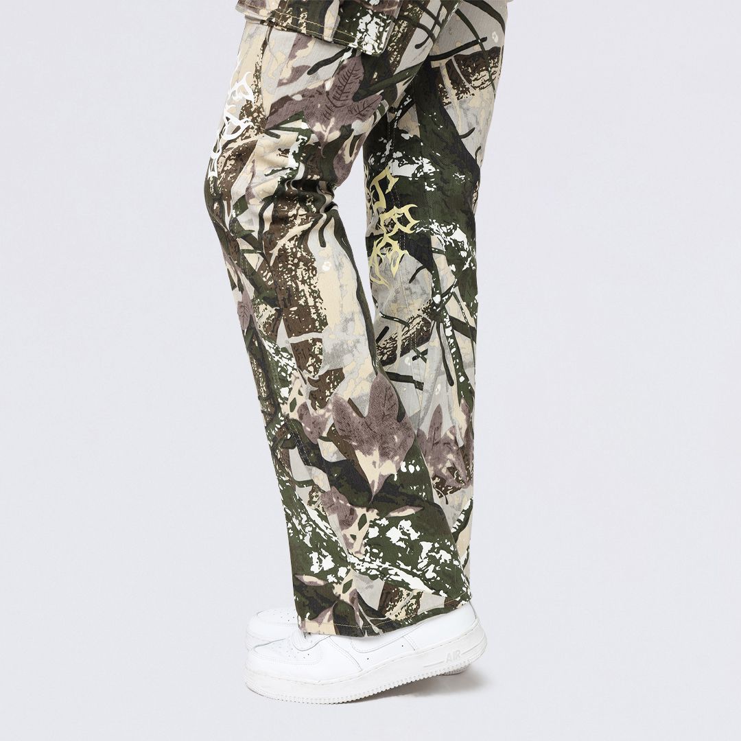 High Rise Stacked Dystopia Printed Cargo Twill Pants