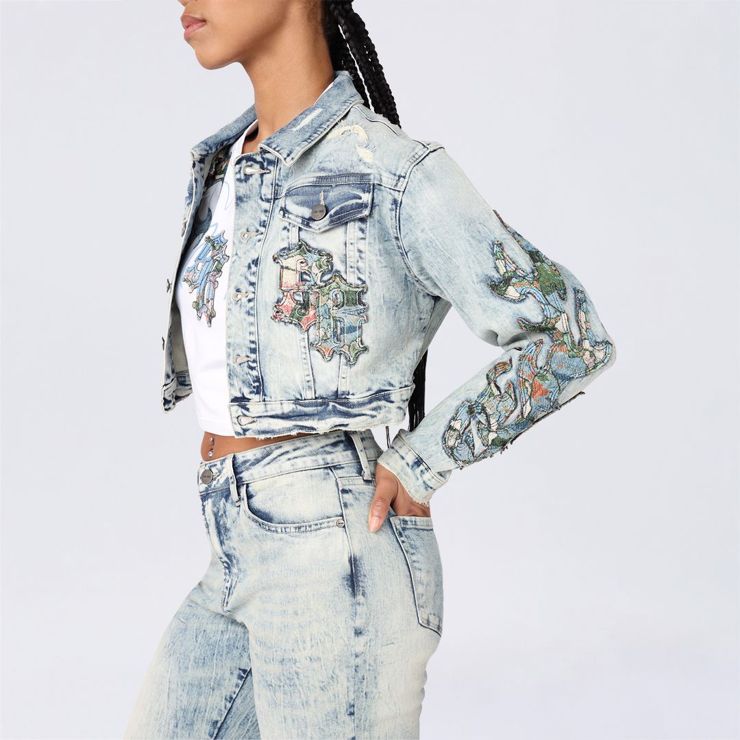 Cropped Tapestry Trucker Jean Jacket