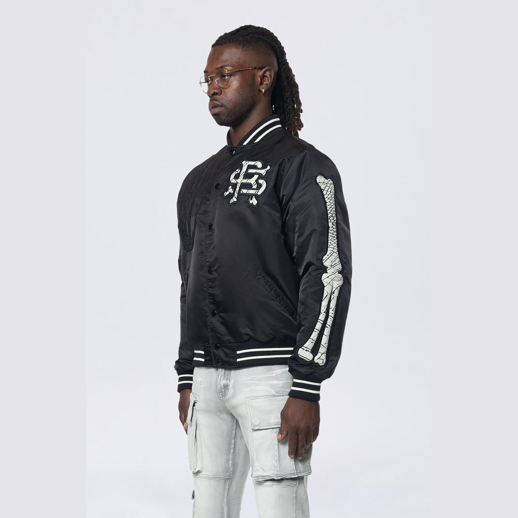 Smoke Rise Satin Stadium Jacket - Black