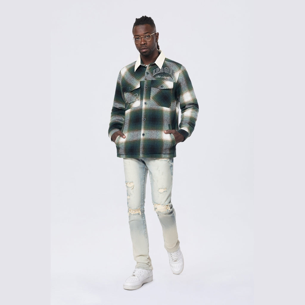 Smoke Rise Vegan Leather Collar Plaid Shacket - Spruce