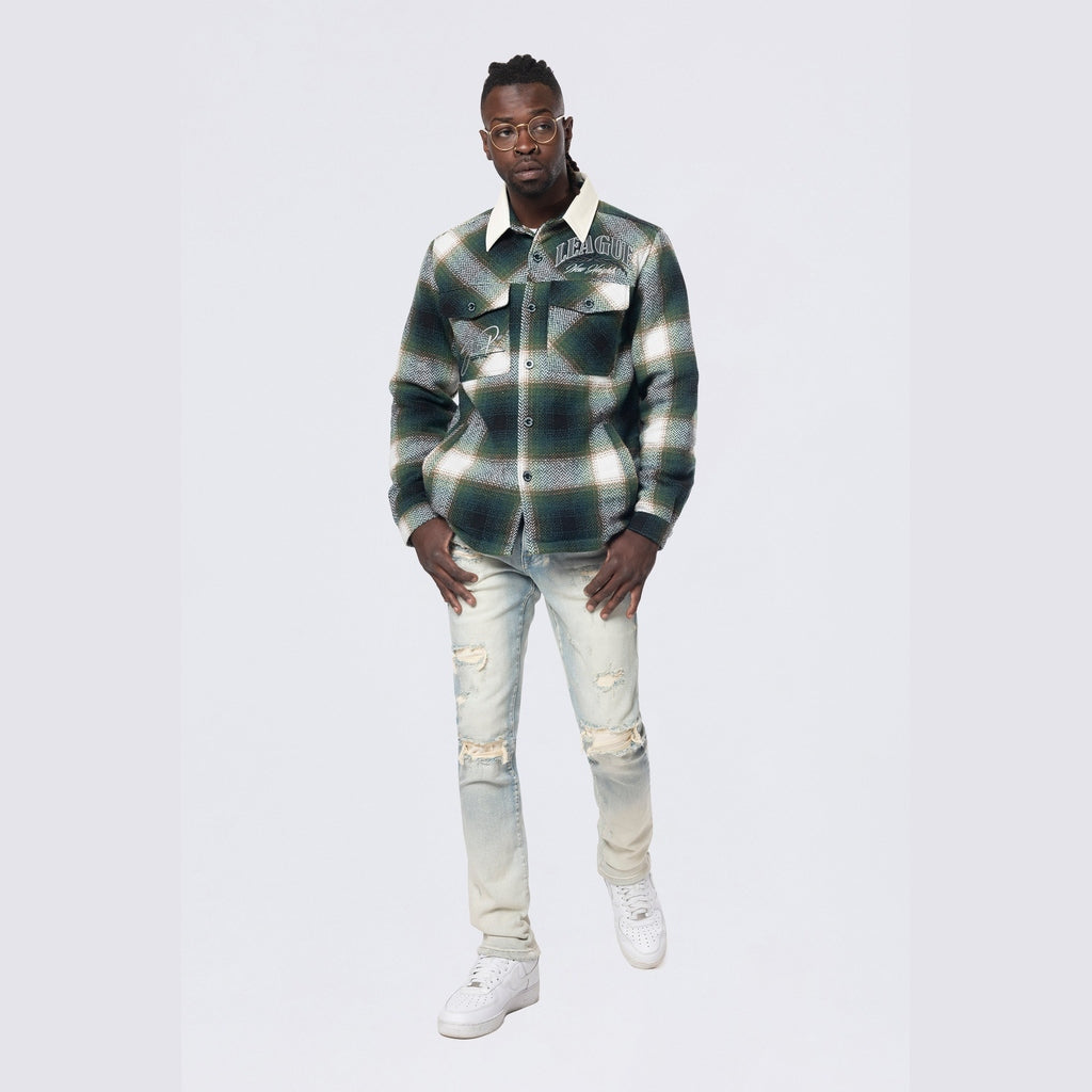 Smoke Rise Vegan Leather Collar Plaid Shacket - Spruce